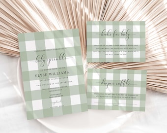 Sage Green Gingham Baby Sprinkle Invitation, Book Request, Diaper Raffle (Printable)