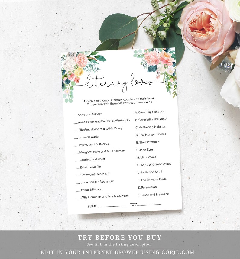 May include: A printable game card with a floral design. The card has a list of famous literary couples and their corresponding books. The text on the card reads "literary loves".