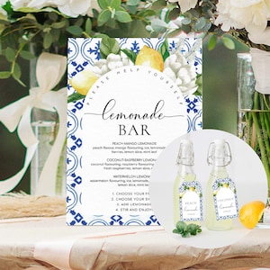 Printable Lemonade Bar Sign, Mediterranean Blue Tile Lemons, Editable Drinks Menu Sign, Mocktails Menu Sign, Signature Drinks Sign, The Med