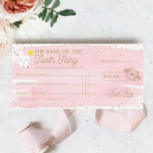Chèque imprimable fée des dents, bon d'achat fée des dents, certificat de paiement fée des dents, bon cadeau dent perdue, coupon, aquarelle rose