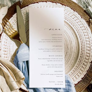 Afdrukbare menusjabloon, elegant bruiloftsdinermenu, bewerkbaar modern minimalistisch trouwmenu, menusjabloon bruiloftsreceptie, Ellesmere