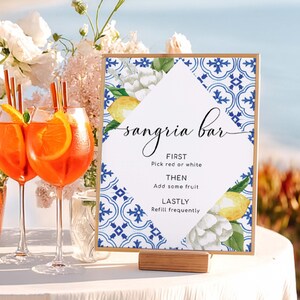 Printable Sangria Bar Sign Template - Mediterranean Blue Tile Lemons, Wedding Drinks Menu, The Med