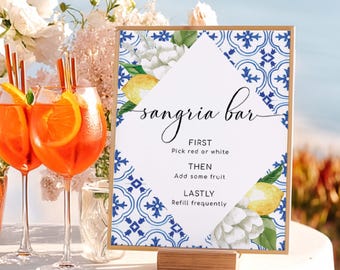 Sjabloon afdrukbare sangria-balk - mediterraan blauwe tegel citroenen, menu met bruiloftsdrankjes, The Med