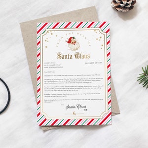 Plantilla de carta de Papá Noel para imprimir, carta de Papá Noel para miembros de la lista de buenos aprobados, carta de Papá Noel para Navidad, rayas rosadas y multicolores