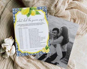 What Did The Groom Say Bridal Shower Game, Positano Blue Tile Lemon Theme Hen's Party Trivia Game, Couples Wedding Shower Game