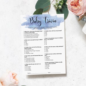 Printable Baby Shower Trivia Game - Blue Baby Boy Baby Shower Game - Shower Activity - Blue Watercolour - Instant Download