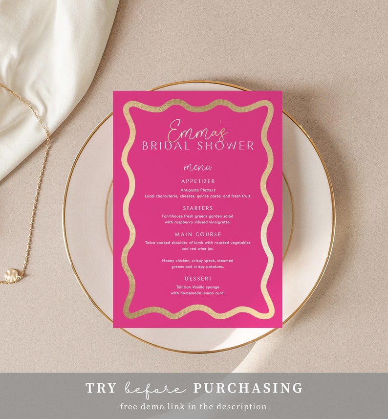 Printable Bridal Shower Menu Template Wave Curvy Line Hot Etsy Australia