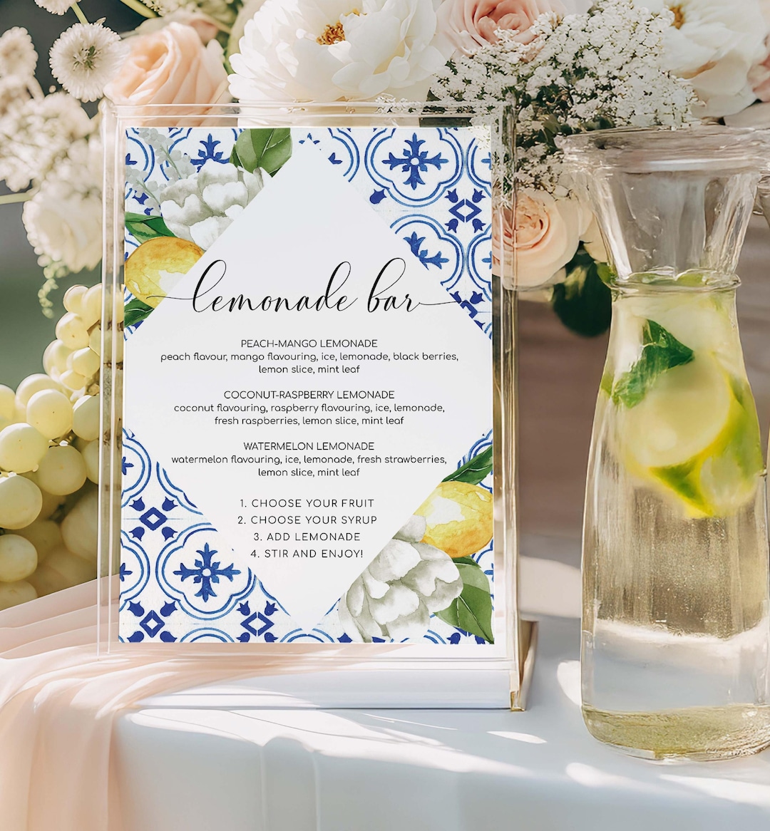 Editable Lemonade Bar Sign Template, Positano Blue Tile Lemon ...