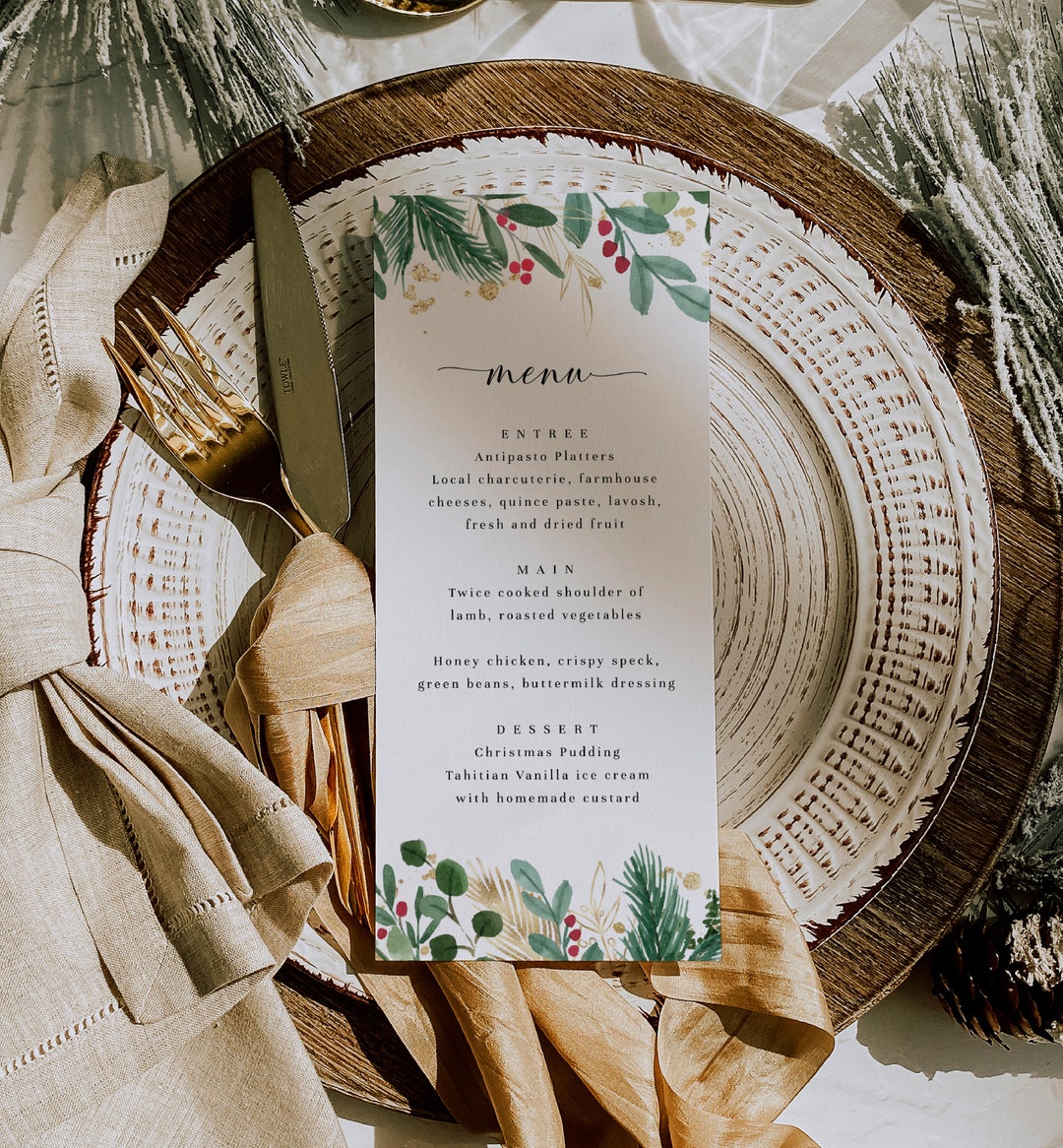 Printable Christmas Lunch Menu, Christmas Dinner Menu, Christmas Holly