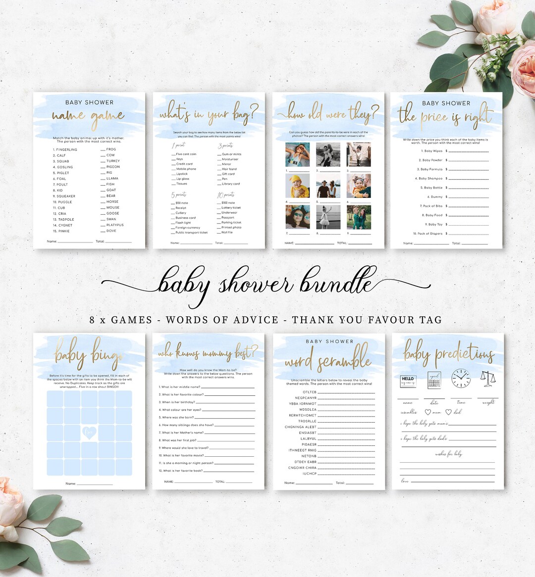 Blue Boy Baby Shower Games Bundle Pack - Instant Download - Blue ...