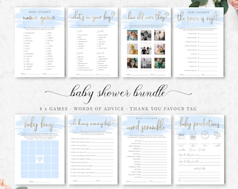 Blue Boy Baby Shower Games Bundle Pack - Instant Download - Blue Watercolour - Gold Foil - Printable Baby Shower Games Bundle Pack