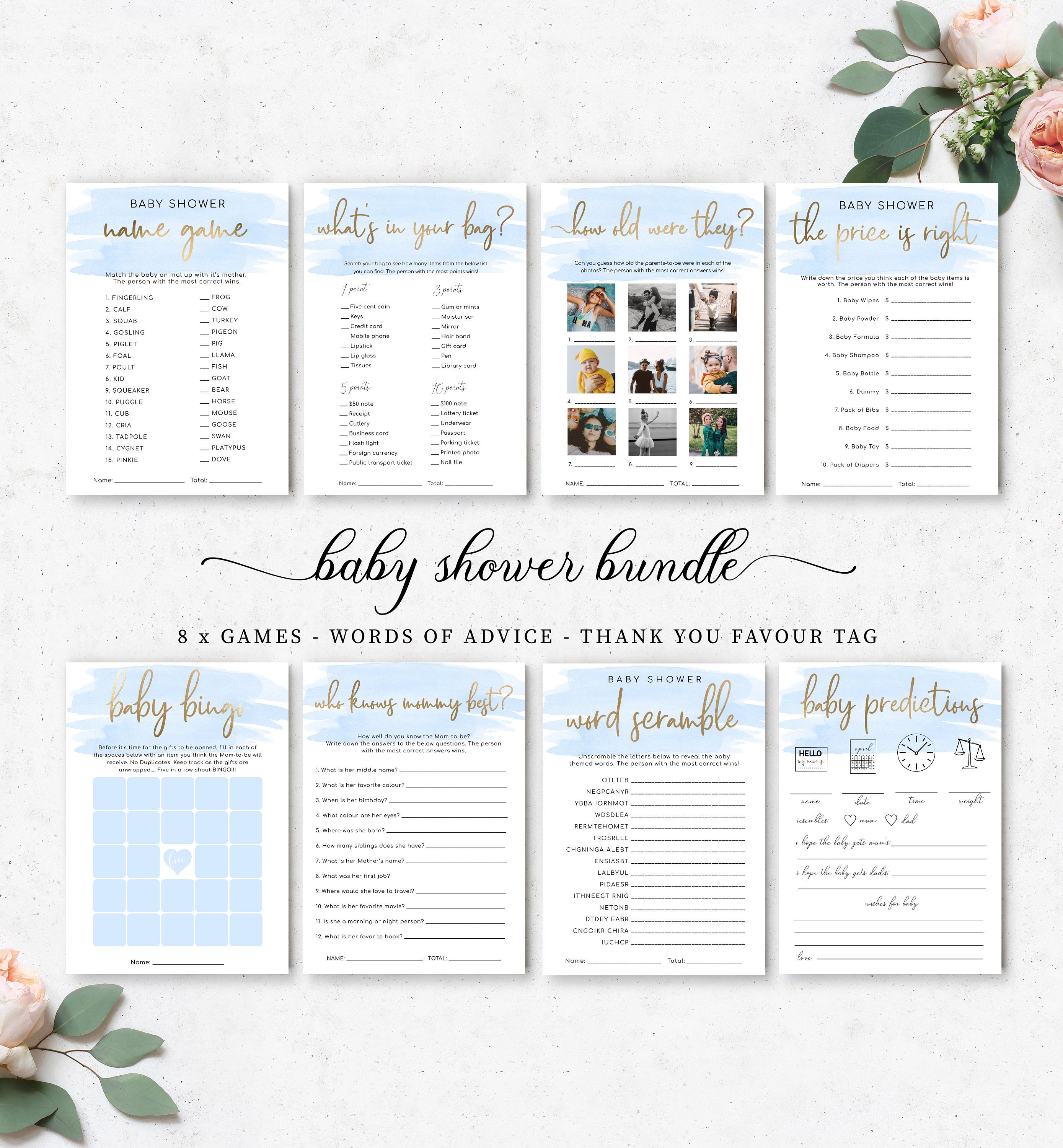 Blue Boy Baby Shower Games Bundle Pack - Instant Download - Blue ...