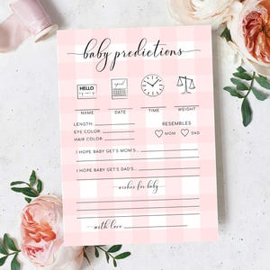Baby Predictions Game, Pink Gingham Check, Printable Girl Baby Shower Games, Wishes For Baby, Printable Baby Shower Games