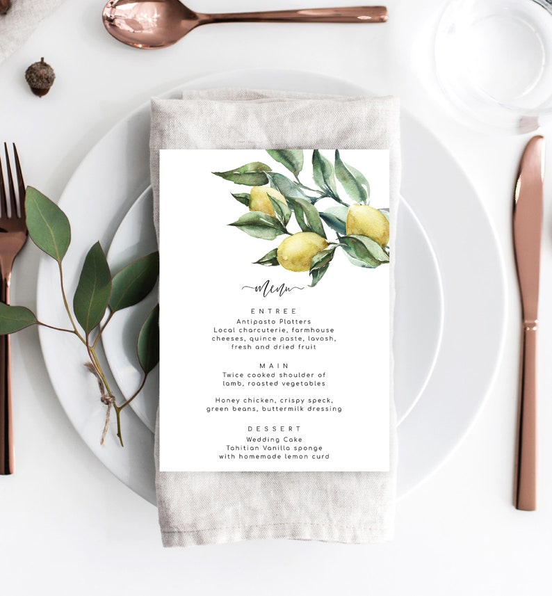 Editable Dinner Menu Template - Lemon Wedding Menu - Italian Lemons - DIY Wedding Stationery - Amalfi Wedding - Tuscan