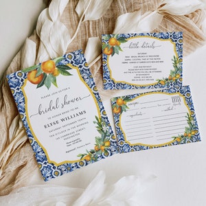 Invitación de despedida de soltera imprimible, detalles, tarjeta de receta, azulejo azul Positano, naranjas italianas, invitación a fiesta de gallinas digitales, despedida de soltera Evite