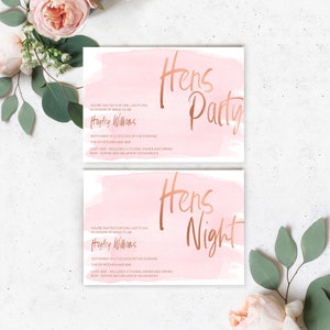 May include: Two pink and white watercolor-style invitations with rose gold text. The top invitation says "Hens Party" and the bottom invitation says "Hens Night". Both invitations include the text "You're invited for one last fling in honor of bride-to-be Hayley Williams" and details about the event.
