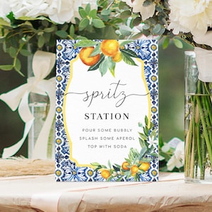 Cartello stazione Spritz, cartello cocktail spritz alcolico Positano Blue Tile Oranges, cartello bar cocktail per matrimonio modificabile, cartello bevande esclusive