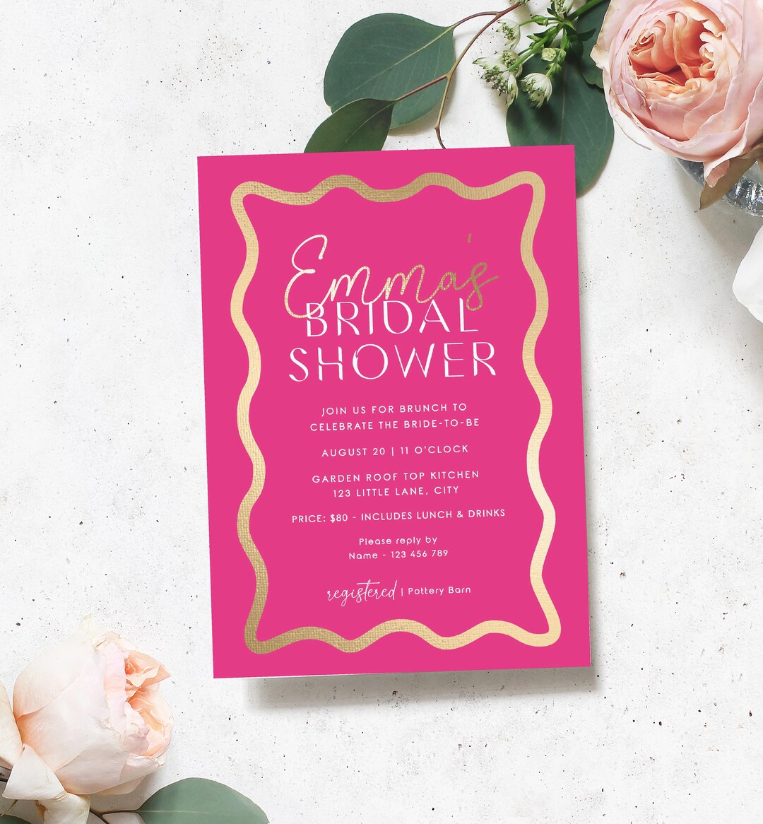Printable Bridal Shower Invitation Template, Wave Invitation, Hot Pink Gold Invitation, Hens