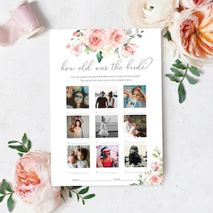 Carte de jeu photo imprimable Shower nuptiale, quel âge avait la mariée - modèle Corjl modifiable floral blush - jeu de poule - Floral Darcy