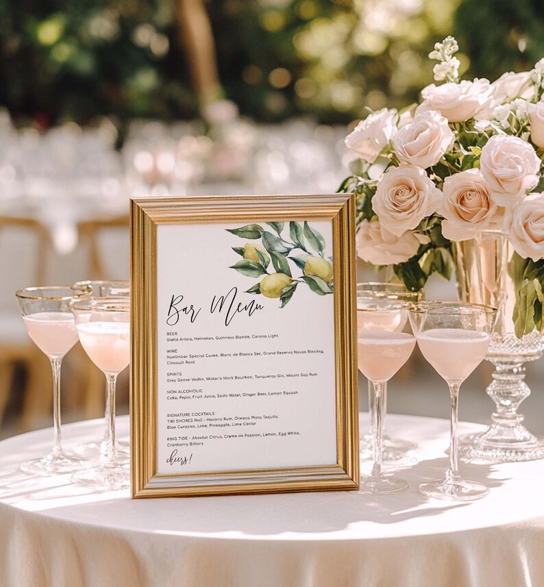 Lemon Bar Menu Sign – Editable Wedding Drinks Menu (Printable), Tuscan Floral