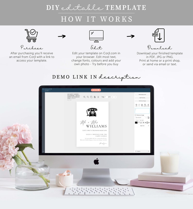 May include: A digital DIY editable template instruction graphic featuring a three-step process: purchase, edit, and download. The image displays a computer monitor showing a wedding audio guestbook sign template with a telephone icon and text.