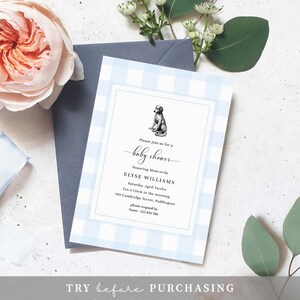 May include: A blue and white gingham baby shower invitation with a black and white illustration of a dog. The invitation reads "Please join us for a baby shower honoring Mom-to-be Elyse Williams Saturday April Twelve Ten o'clock in the morning 160 Cambridge Street, Paddington please respond by Name-123-456-789"