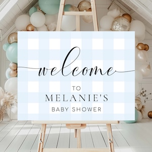Blue Gingham Welcome Sign, Boy Baby Shower Pale Blue Check Welcome Sign, Printable Blue White Plaid, Boy Baby Sprinkle, Male Birthday Sign