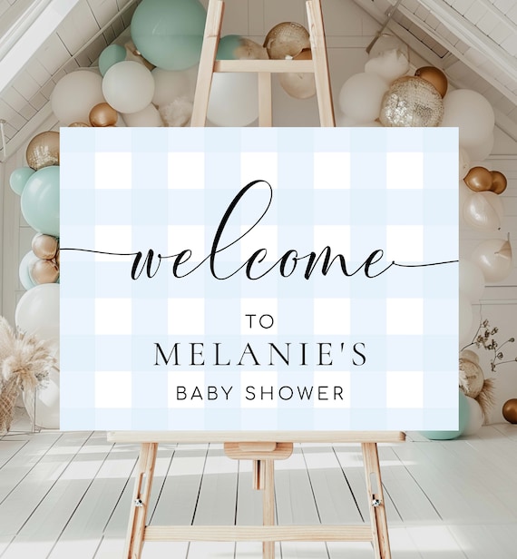 Pre-Strung Welcome Baby Banner 15ft - Blue Gingham Baby Shower & Gender Reveal Decor