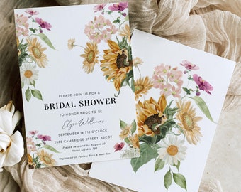 Sunflower Bridal Shower Invitation, Fall Floral Printable Template, Mews