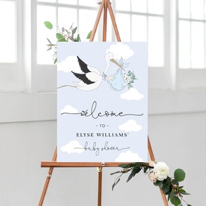 Editable Welcome Sign - Printable Blue Boy Cloud Baby Shower Welcome Sign - Stork Mail Boy Baby Shower - Floral Stork