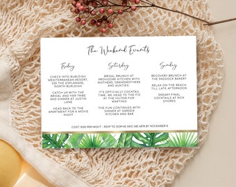 Printable Bachelorette Itinerary Template - Tropical Greenery Weekend Itinerary - Palm Springs - Hen's Party Itinerary Template - Aloha