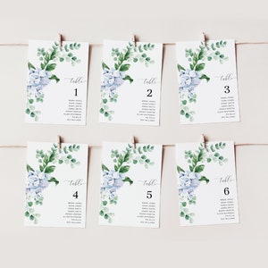 Può includere: Sei carte di numero tavolo con disegni floreali ad acquerello. Ogni carta ha un numero di tavolo da 1 a 6 e un elenco di nomi. Le carte sono decorate con ortensie blu e foglie di eucalipto verdi.