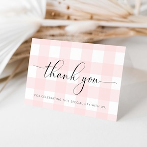 Danke Gefaltet und Flache Karte zum ausdrucken, Rosa Gingham Danke-Karte Gefälligkeiten, Mädchen-Babyparty-Dankeschön-Karte, Brautparty-Dankeschön