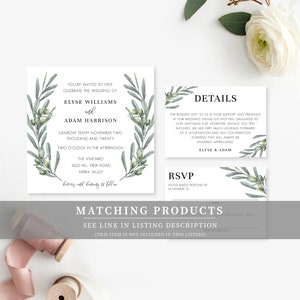 May include: Wedding invitation featuring an olive branch design. The invitation is for Elyse Williams and Adam Harrison, on Saturday, 10th November 2020, at 2:00 PM at The Vineyard, 1622 Hill View Road, Yarra Valley. The RSVP information is on a separate card.