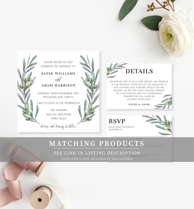 May include: Wedding invitation featuring an olive branch design. The invitation is for Elyse Williams and Adam Harrison, on Saturday, 10th November 2020, at 2:00 PM at The Vineyard, 1622 Hill View Road, Yarra Valley. The RSVP information is on a separate card.