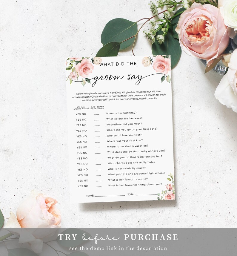 What Did The Groom Say Game Blush Floral Bridal Shower Games Editable Corjl Instant Download Hen's Party Game Darcy Floral image 2