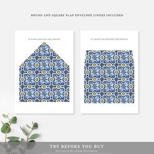 May include: Two printable A7 envelope liner templates featuring a blue and yellow geometric pattern. The templates are labelled "A7 Round Envelope Liner Template" and "A7 Square Flap Envelope Liner Template".