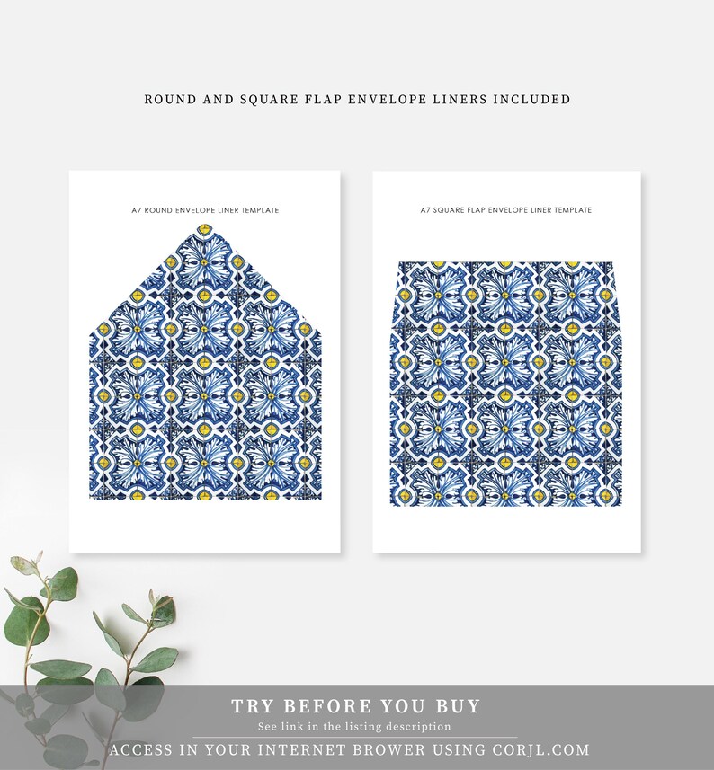 May include: Two printable A7 envelope liner templates featuring a blue and yellow geometric pattern. The templates are labelled "A7 Round Envelope Liner Template" and "A7 Square Flap Envelope Liner Template".