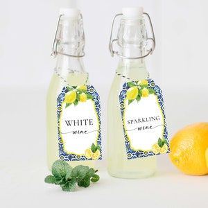 Printable Sangria Bar Sign and Wine Tags, Positano Blue Tile Lemon, Wedding Drinks Menu Sign ...