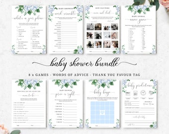 Puede incluir: Un conjunto de juegos de baby shower imprimibles con un diseño floral azul y verde. Los juegos incluyen "What's in your phone", "Word Scramble", "How Old Were Mom and Dad", "Baby Animal Name Game", "How Well Do You Know the Mom-to-Be", "Baby Shower Price is Right", "Baby Bingo" y "Baby Predictions".