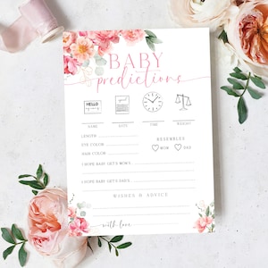 Jeu de prédictions de bébé à imprimer, jeu de baby shower floral pivoine rose poudré, carte de voeux de bébé, jeu de baby shower fille, cornemuse