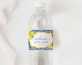 Welcome Water Bottle Printable Label, Positano Blue Tile Lemon Wedding Water, Hotel Welcome Bag Water Bottle Label, Bridal Shower Water