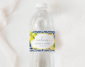 Welcome Water Bottle Printable Label, Positano Blue Tile Lemon Wedding Water, Hotel Welcome Bag Water Bottle Label, Bridal Shower Water