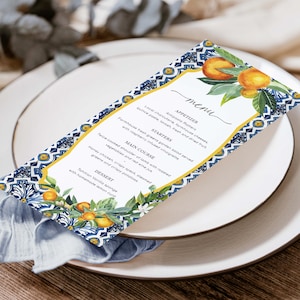 Modelo de menu para impressão, laranjas azuis de Positano, costa italiana de Almalfi, menu de mesa de casamento, menu de chá de panela, menu de chá de bebê