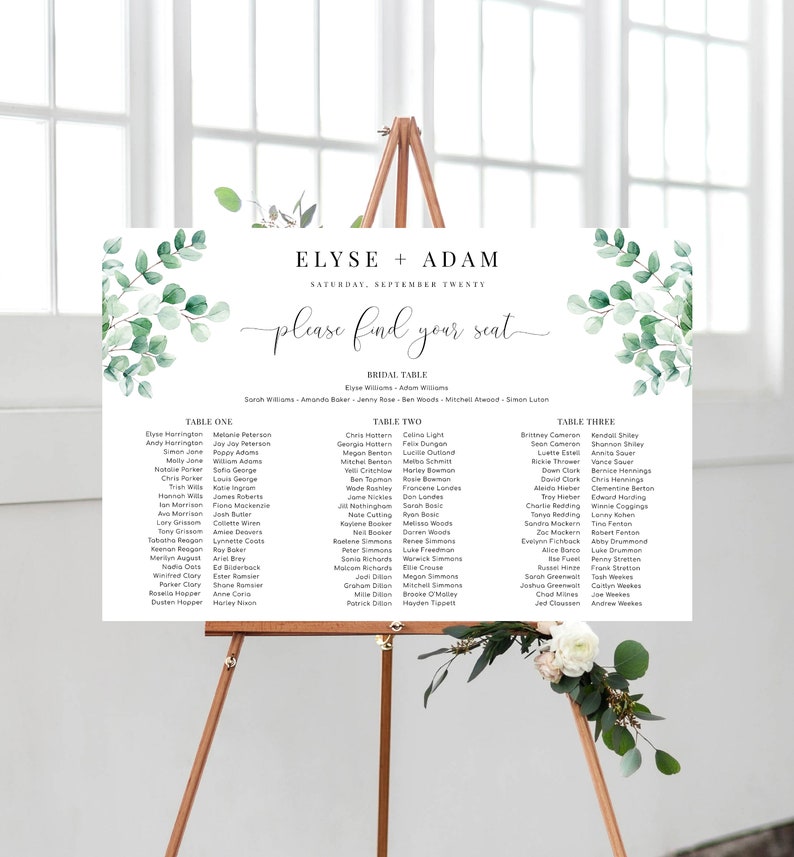 Editable 3 Long Tables & Bridal Seating Chart, Greenery Wedding Banquet Tables Plan, Welcome Seating Chart Sign, Seating Plan Poster, Ferras