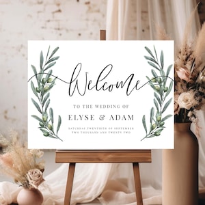 Cartello di benvenuto per matrimonio con foglie di ulivo, cartello per matrimonio stampabile, cartello di benvenuto con ramo di ulivo, cartello per addio al nubilato, cartello per baby shower, oliveto
