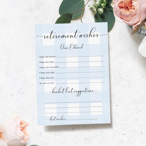 Printable Retirement Wishes Template, Blue Gingham Retirement Keepsake, Bucket List Ideas Card, Retirement Advice and Wishes Card