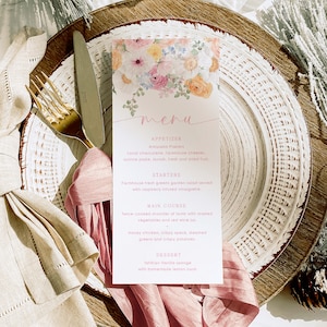 Florale Menüvorlage, druckbares Brunch-Menü, Brautparty-Mittagsmenü, Mädchen-Mittagsmenü, Babyparty-Menü, Geburtstagsmenü, Millie Floral