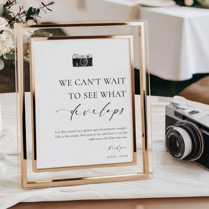 Op de afbeelding: Een gouden lijst met een zwart-witte illustratie van een vintage camera en de tekst "We can't wait to see what develops". Het bord bevat ook instructies voor het gebruik van de camera en de namen "Elyse & Adam".
