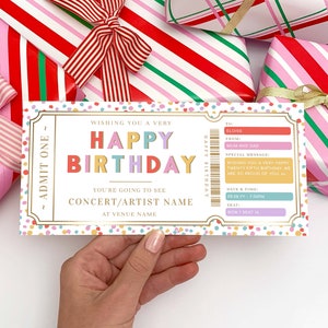 Druckvorlage Gefälschte Konzert Gutschein Vorlage, Happy Birthday Geschenkgutschein, Unisex Geburtstag druckbare Geburtstag Geschenkgutschein, Dot Multi